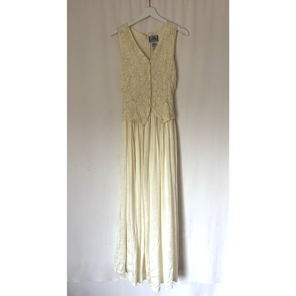 Vtg Jasmine Jumpsuit Womens Medium Cream Beaded Wide Flare Leg Sleeveless Boho